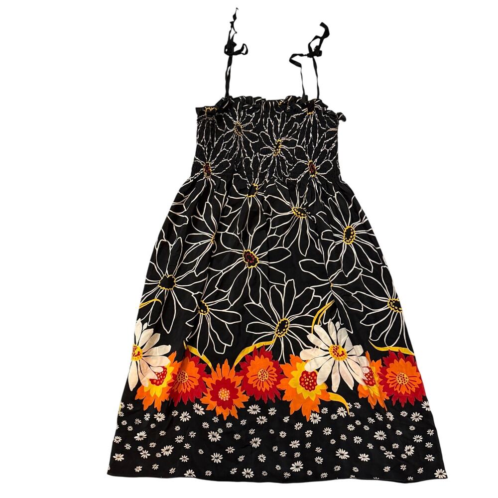 Anna Sui Anthropologie Silk Tie Straps Floral Dress Small S Black Smocked - Picture 2 of 13